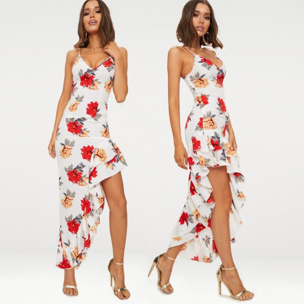 PrettyLittleThing Floral Strappy Asymmetric Maxi Dress